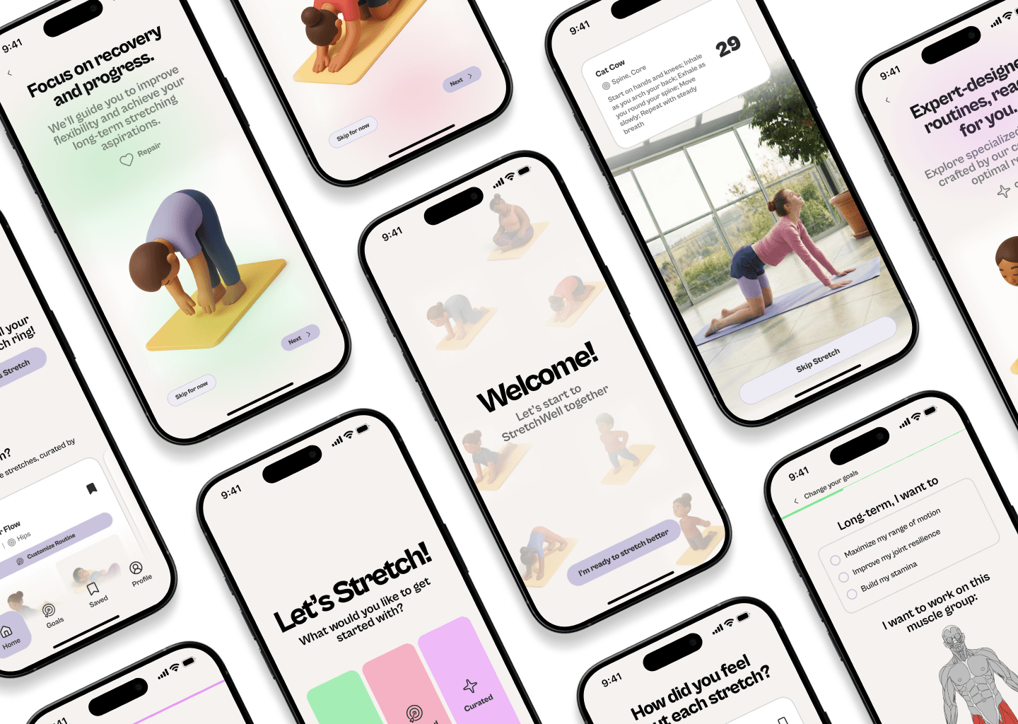 StretchWell app screens for personalized stretching routines.
