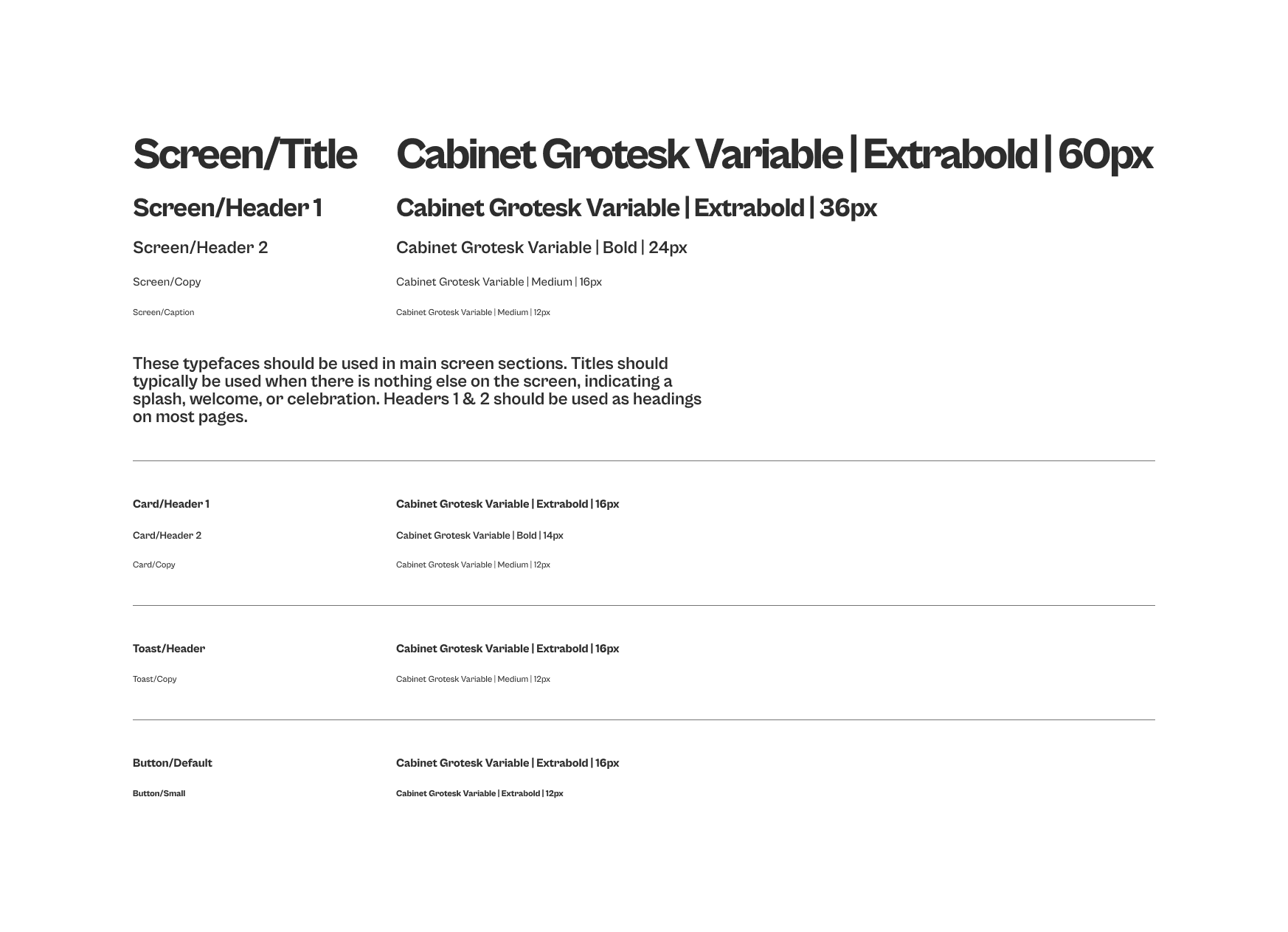 PLACEHOLDER: Typography specimen — Screen and Card type scales side by side with Cabinet Grotesk specimens. (stretchwell-9.png)