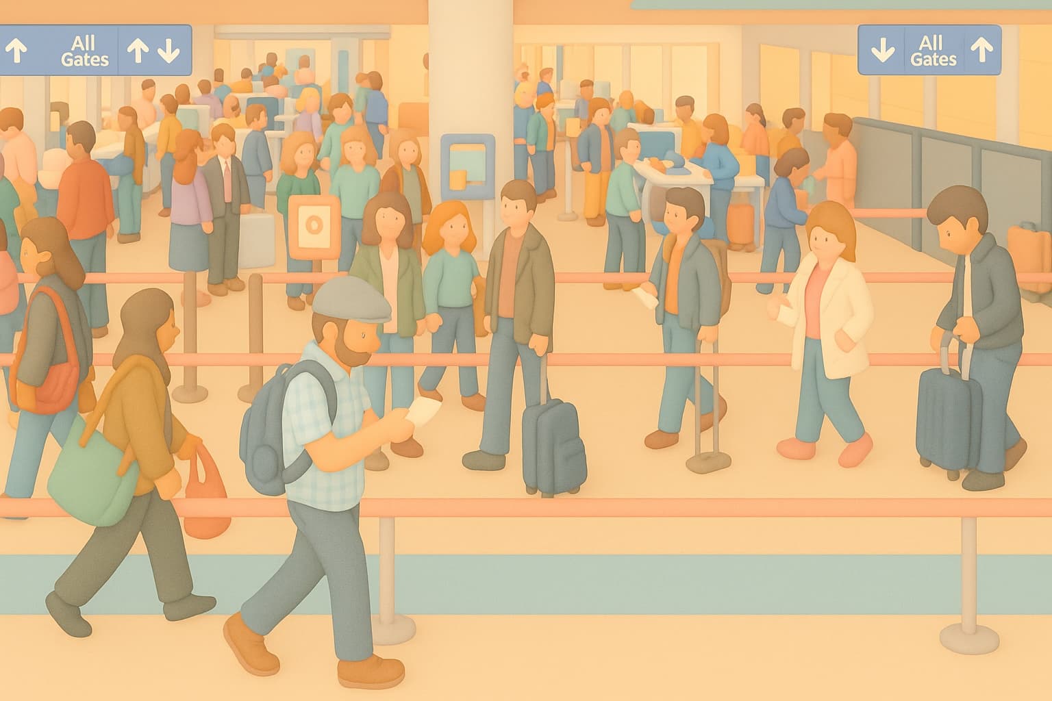 Pastel illustration of passengers winding through an airport security line.