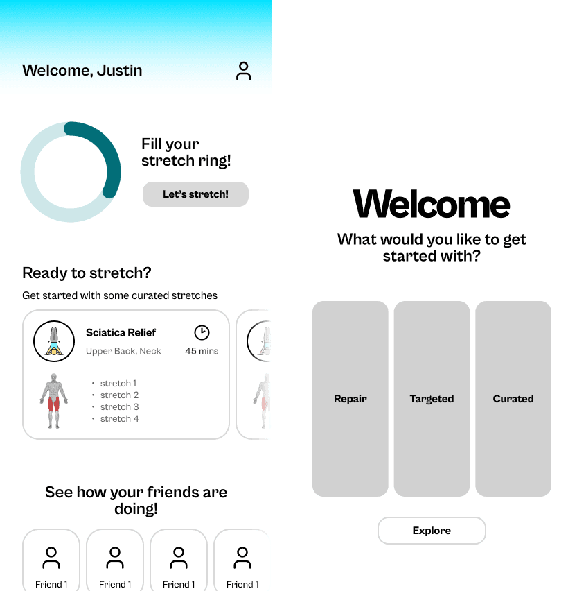 PLACEHOLDER: Lo-fi prototype screenshots — pain-point selection screen and confirm routine screen shown side by side. (stretchwell-7.png)