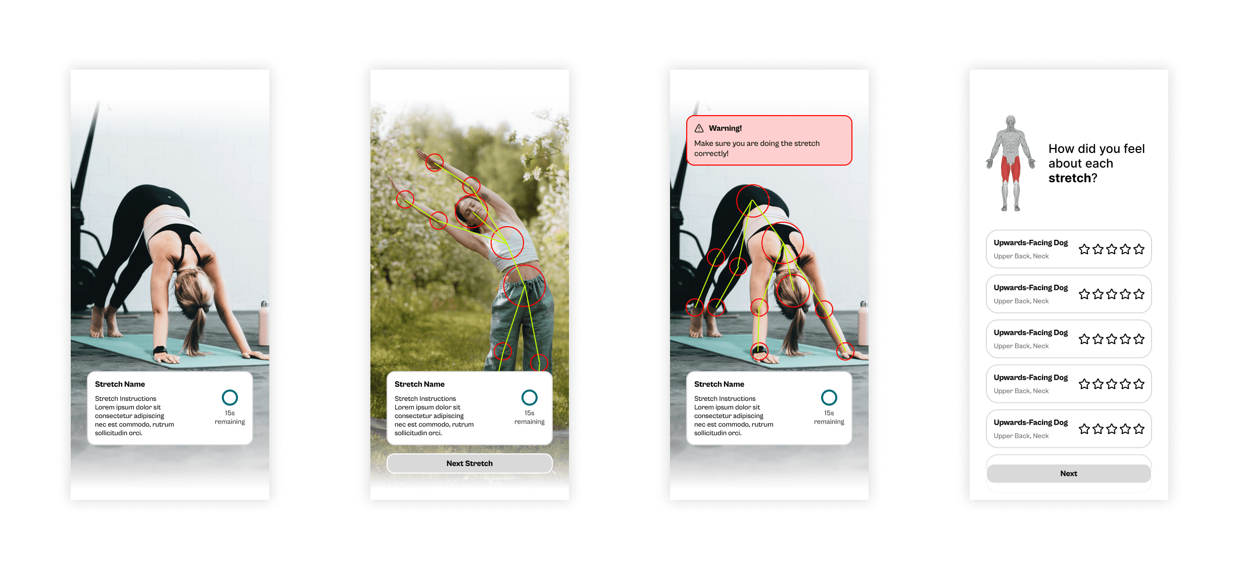 PLACEHOLDER: Lo-fi prototype screenshots — pain-point selection screen and confirm routine screen shown side by side. (stretchwell-7.png)