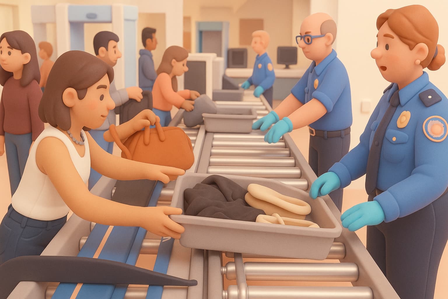 Clay-style illustration of a traveler placing shoes and a bag into a bin while TSA officers guide screening.