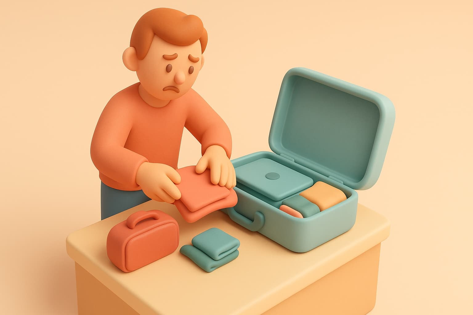 Clay-style illustration of a traveler repacking a suitcase at a table and looking worried.