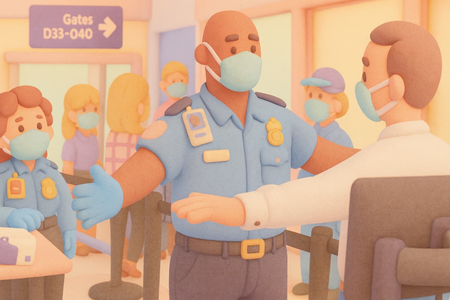 Clay-style illustration of a TSA officer conducting a pat-down on a masked passenger.